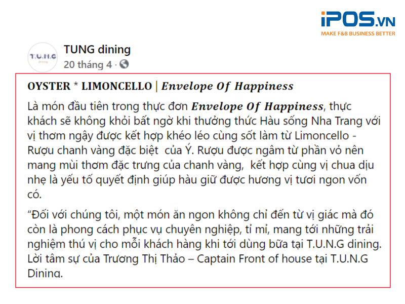 Ngôn ngữ chuyên môn được sử dụng để thể hiện tính chuyên nghiệp và cao cấp của nhà hàng (Nguồn ảnh: T.U.N.G Dining)