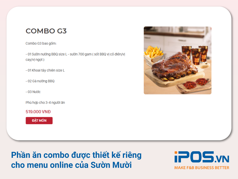 Sườn Mười thiết kế phần ăn Combo phù hợp với menu bán hàng online