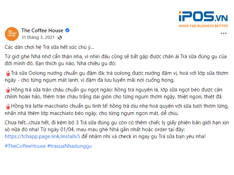 Cách miêu tả nguyên liệu và hương vị của đồ uống của The Coffee House