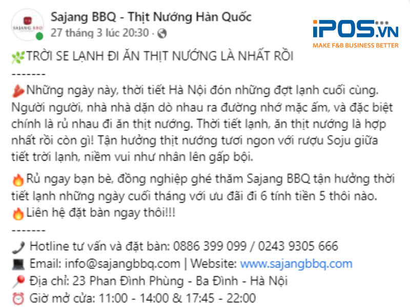 Ví dụ về việc đính kèm thông tin liên hệ trong content của nhà hàng 