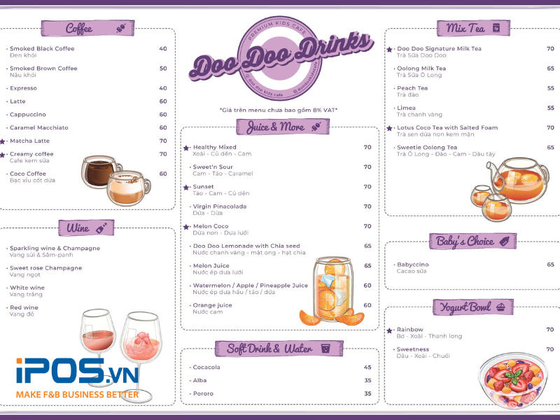 Menu của Doo Doo Premium Kids Cafe có thêm phần đồ uống Baby’s Choice phù hợp với trẻ em