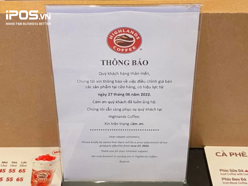 Highlands tăng giá sản phẩm