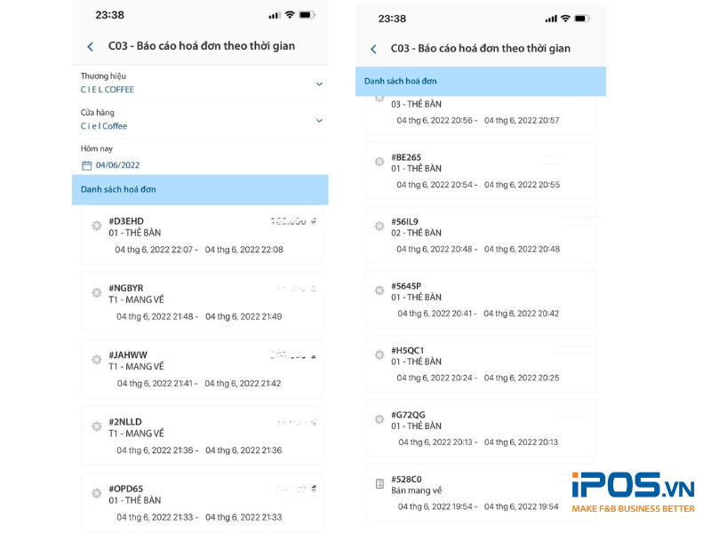 Một phần báo cáo hóa đơn theo thời gian trong một ngày của C i e l Coffee