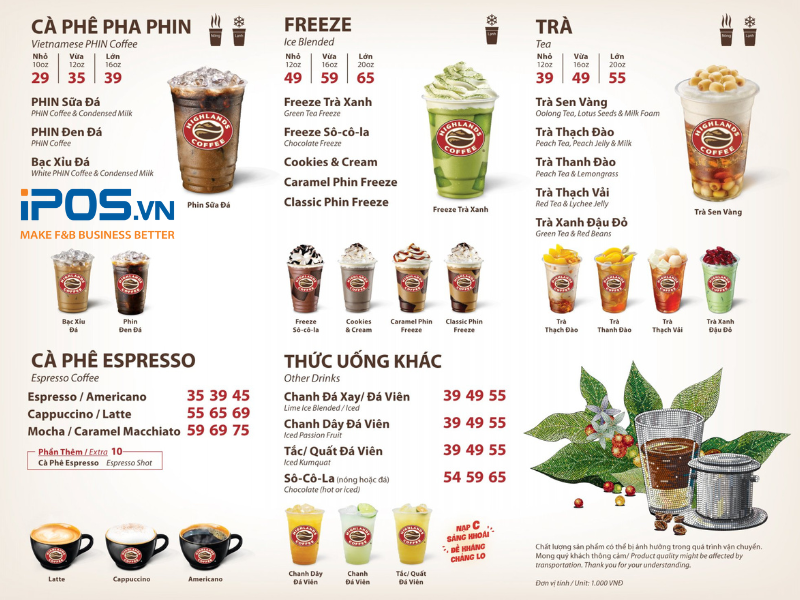 Tất cả đồ uống trong menu của Highlands Coffee đều có giá lẻ 
