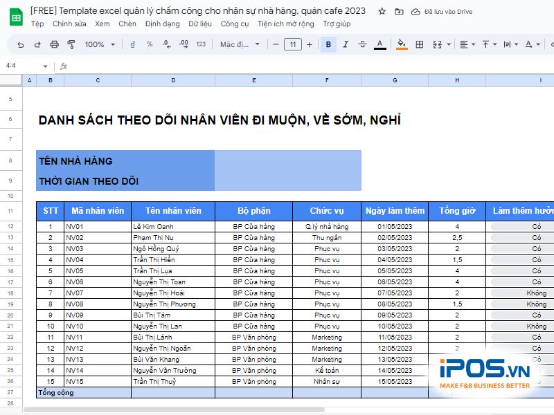 Free Template excel quản lý chấm công cho nhân sự nhà hàng, quán cafe 2023