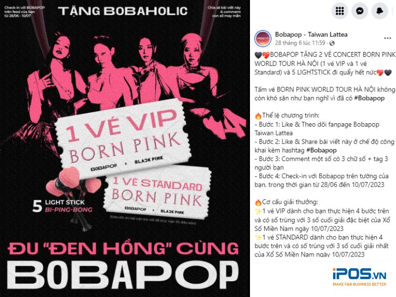 Trà sữa Bobapop tặng 1 vé VIP, 1 vé Standard và 5 Lightstick cho các khách hàng tham gia chương trình giveaway.
