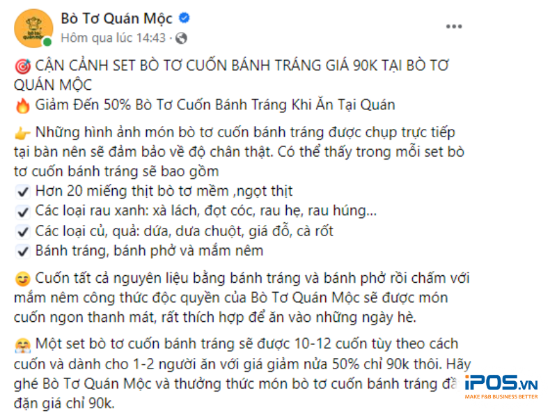 Mẫu content quảng cáo chương trình khuyến mãi của quán.