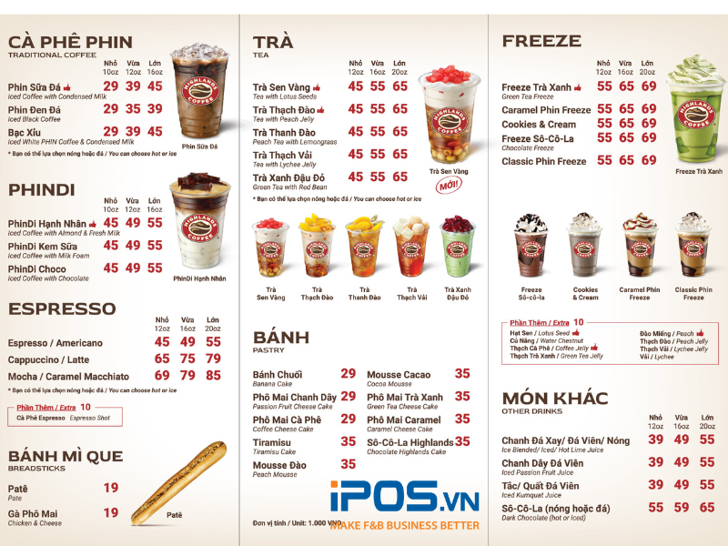 Menu của Highlands cũng xóa bỏ ký hiệu tiền tệ để “thôi miên” khách hàng chi tiêu nhiều hơn