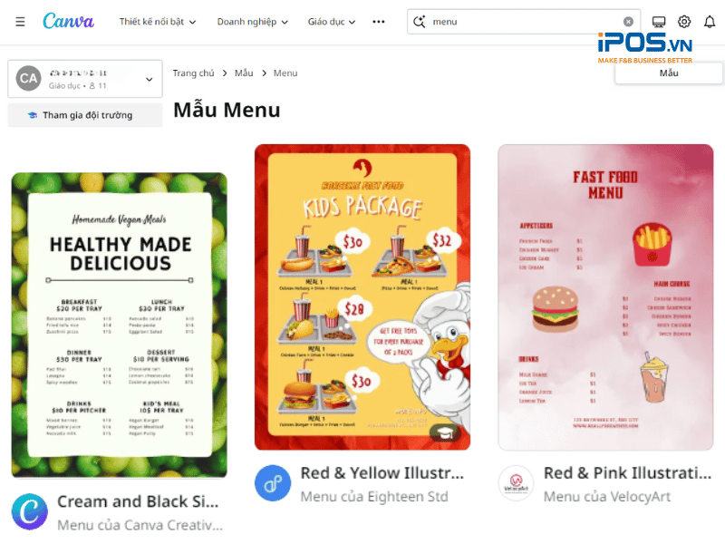 thiết kế menu bằng Canva