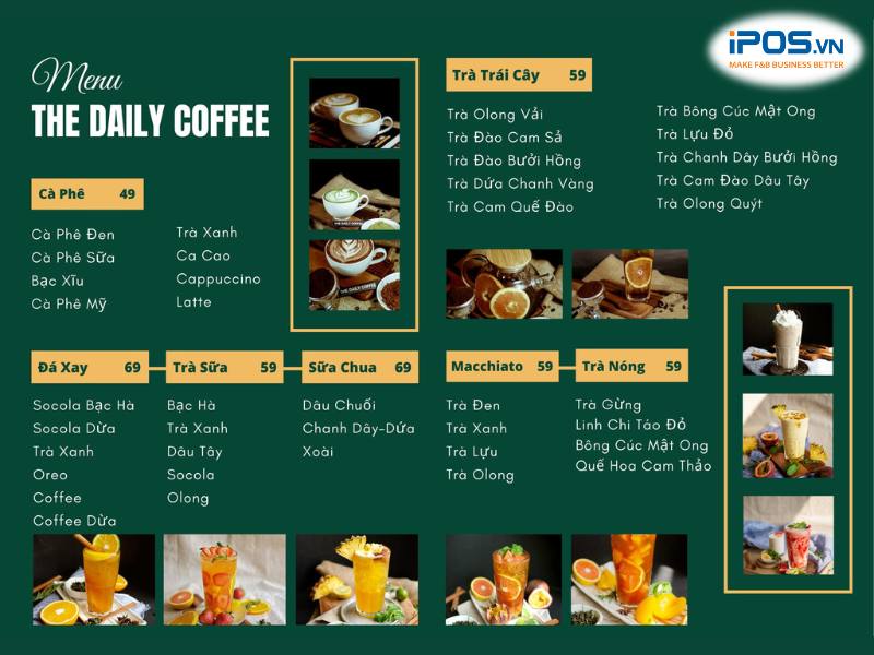 Menu quán cà phê giường nằm The Daily Coffee